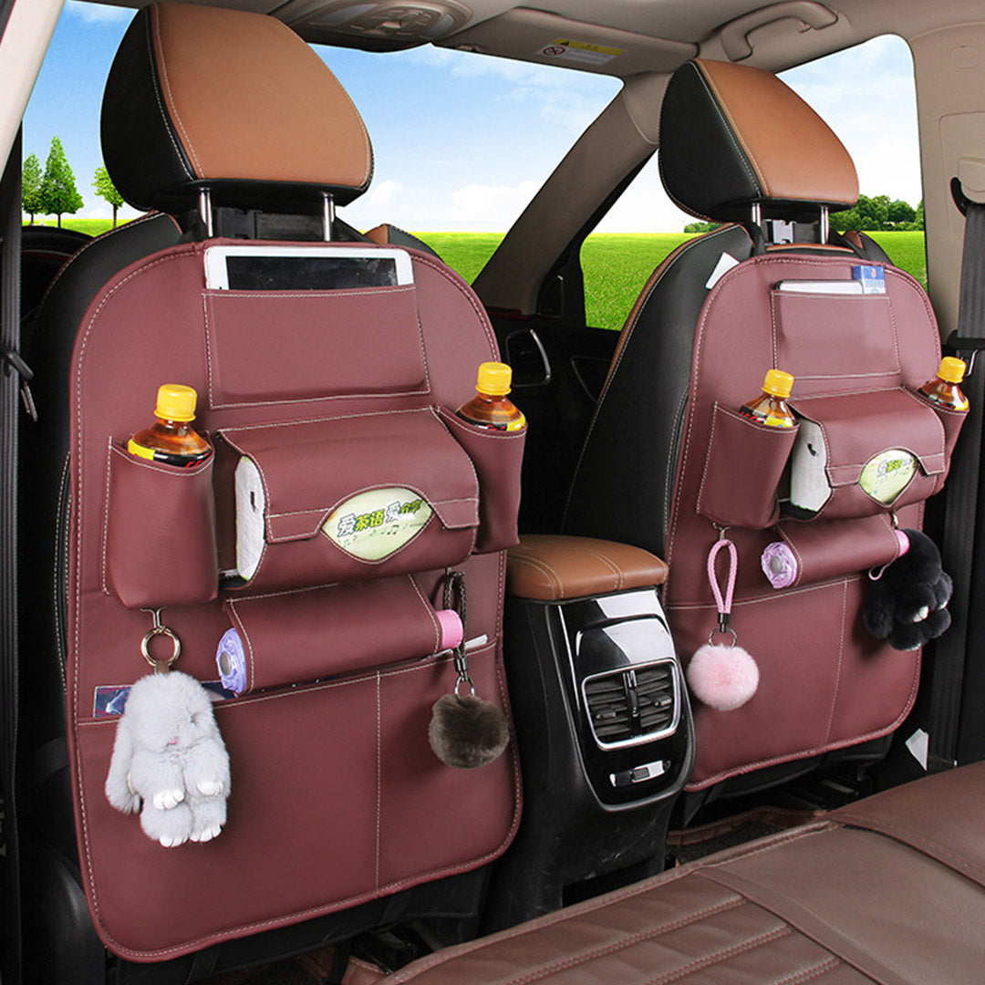 Red PVC leather car backseat organizer with multiple pockets, drink holders, and iPad slot — view 4