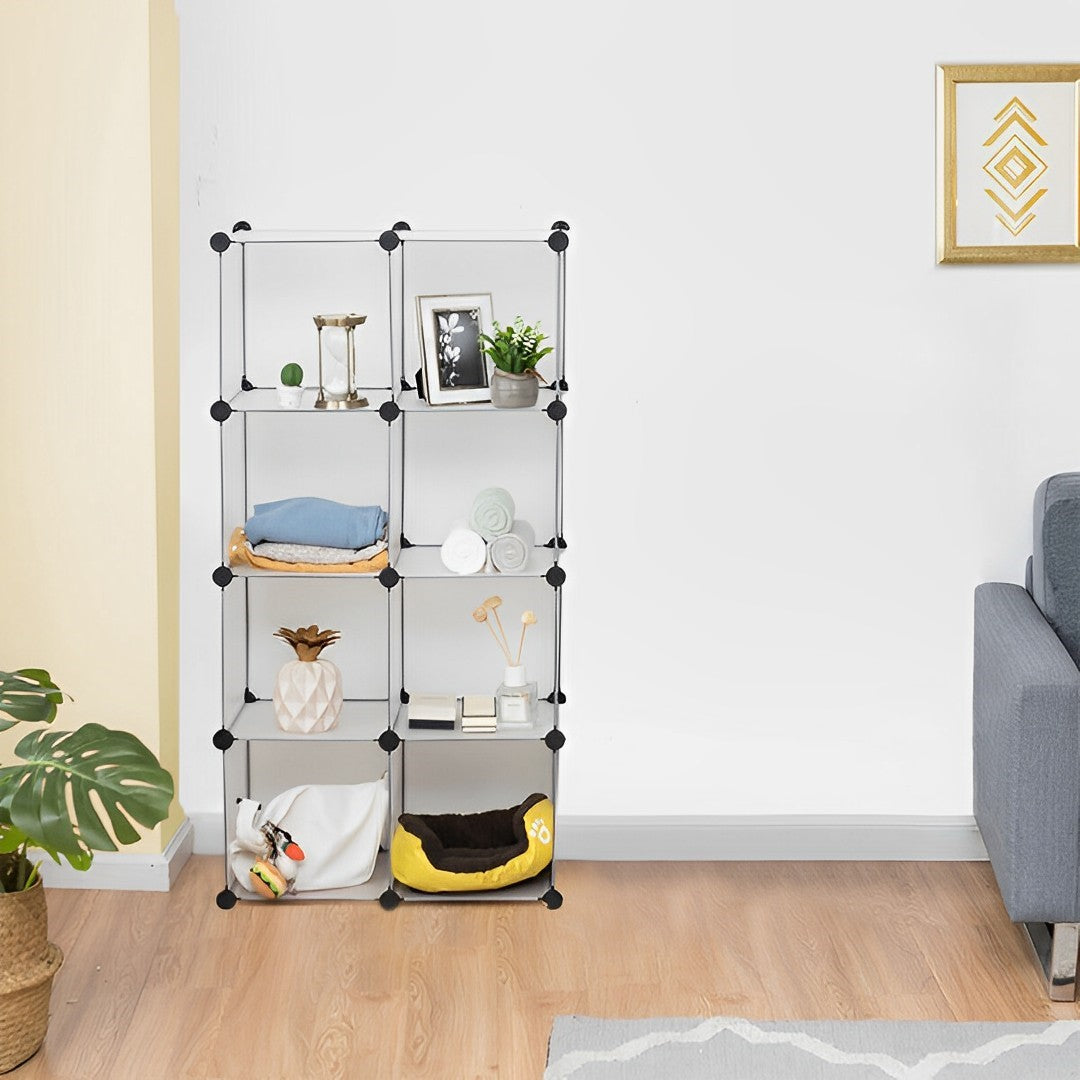 Transparent 8-cube modular storage shelf organizer made of plastic panels and iron wire connectors — view 4