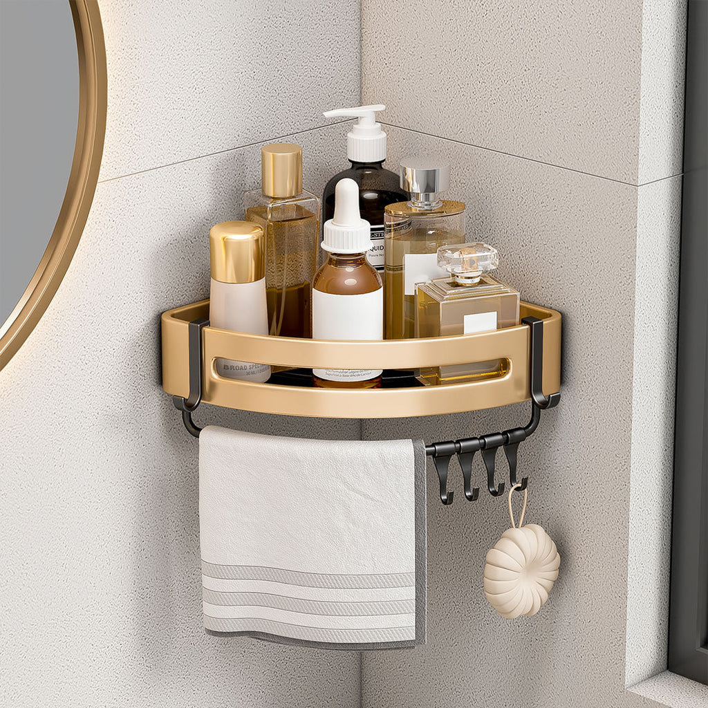 Gold wall-mounted triangular bathroom storage rack with hooks, made of rust-proof aluminum — view 4