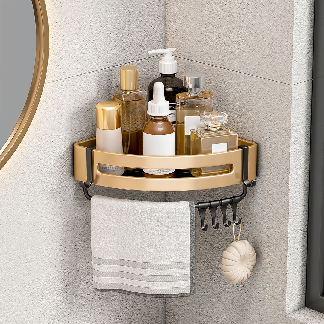 Gold wall-mounted triangular bathroom storage rack with hooks, made of rust-proof aluminum — view 4
