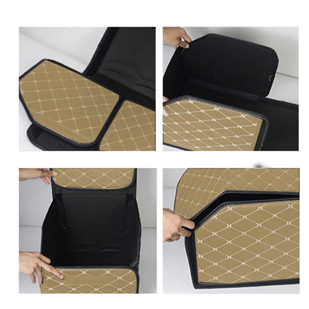 Beige leather car trunk organizer boxes with gold diamond stitching and foldable cover — view 4
