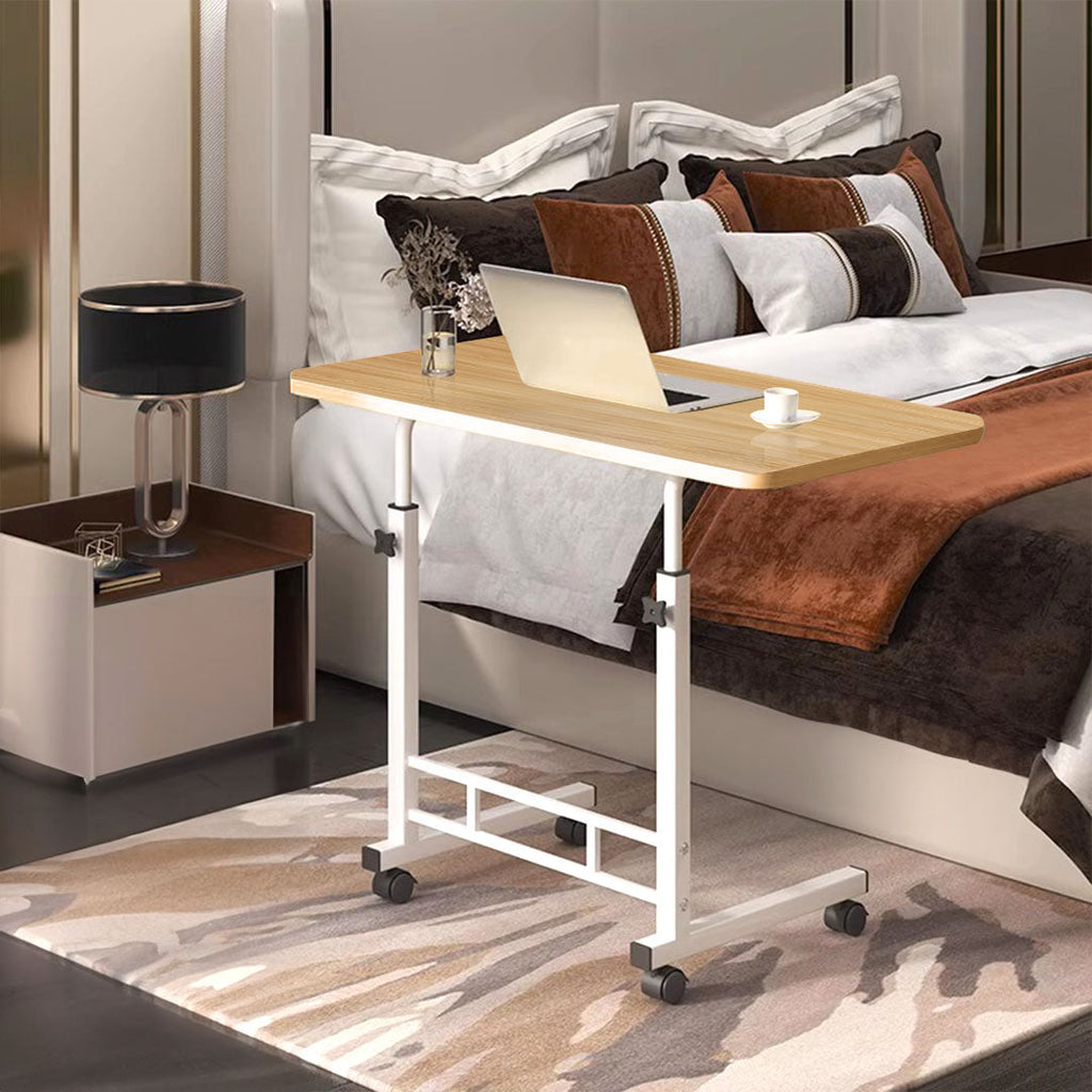 SOGA movable walnut wood bedside desk with wheels and white metal frame for laptops — view 4