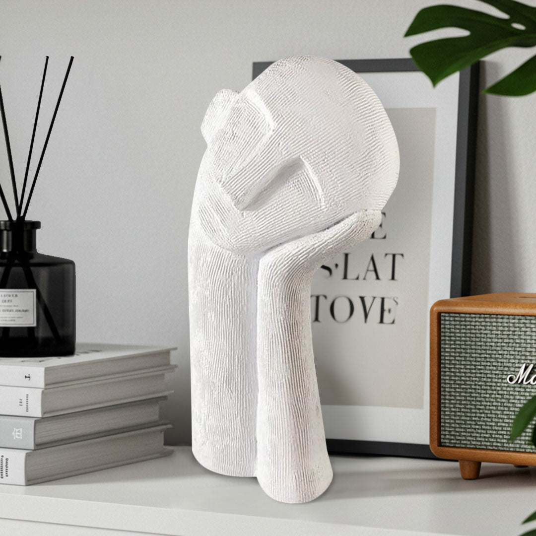 White minimalist abstract head sculpture with hand resting, matte resin home decor piece — view 4