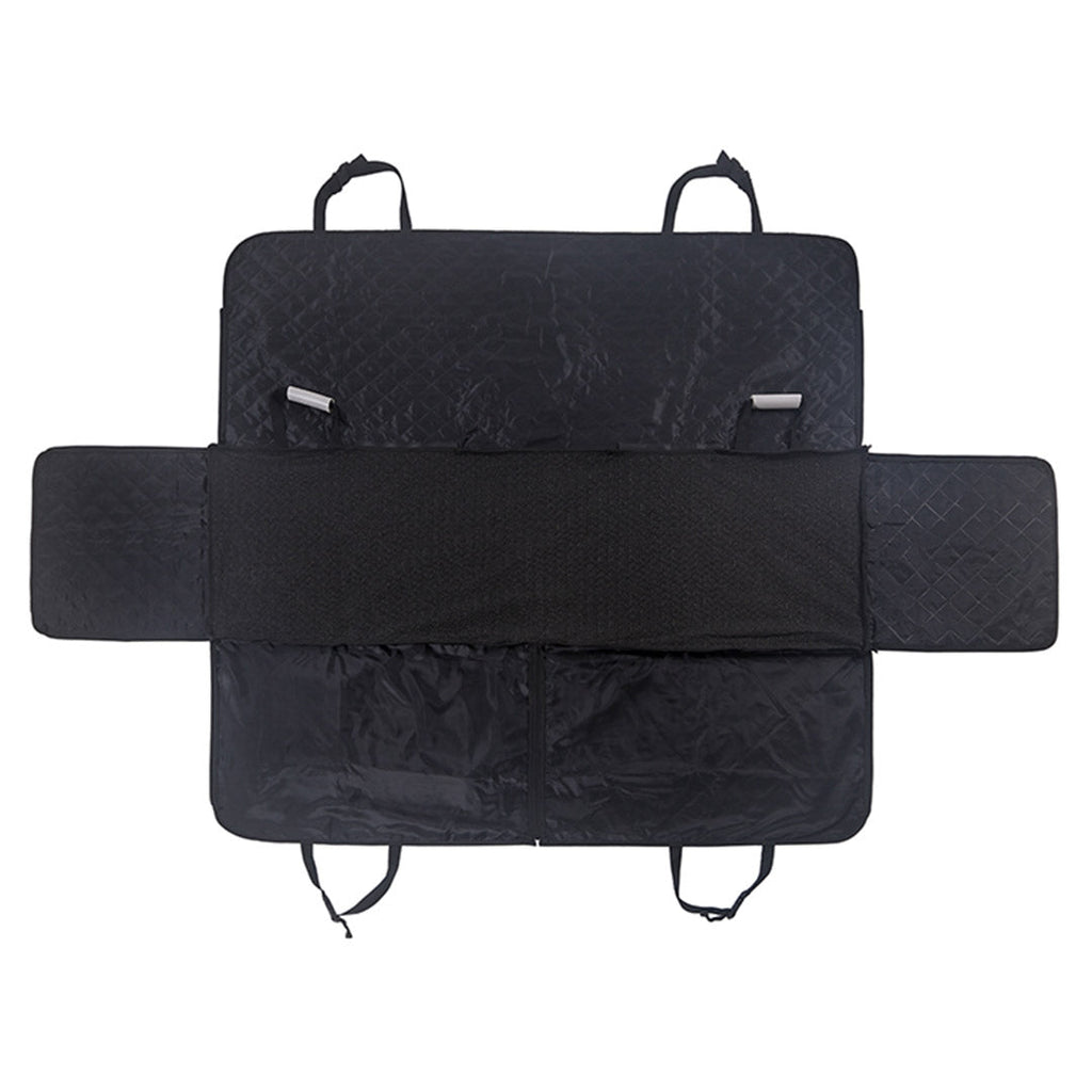 Black waterproof dog car seat cover hammock installed in vehicle back seat with secure straps — view 4