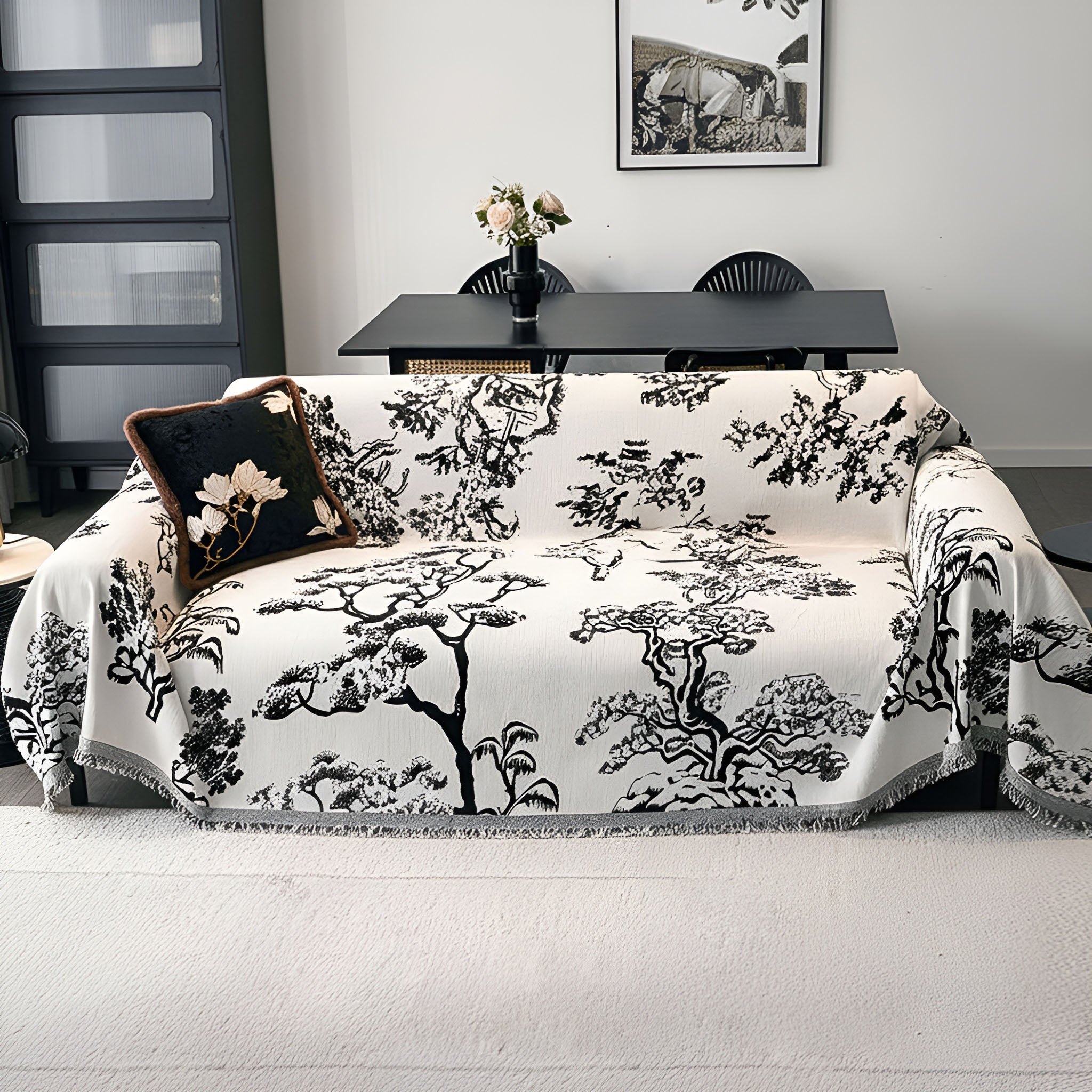 White tree print polyester three-seater sofa cover draped elegantly over a modern living room couch — view 4
