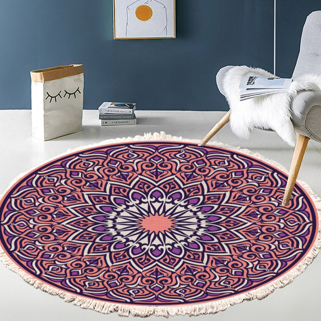 Purple mandala round area rug with anti-slip backing for modern living room decor — view 4