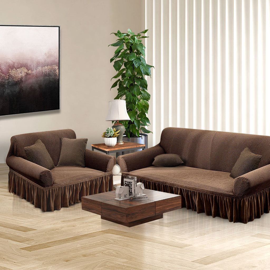 Coffee brown two-seater high stretch sofa cover with ruffled skirt protecting a living room couch — view 4