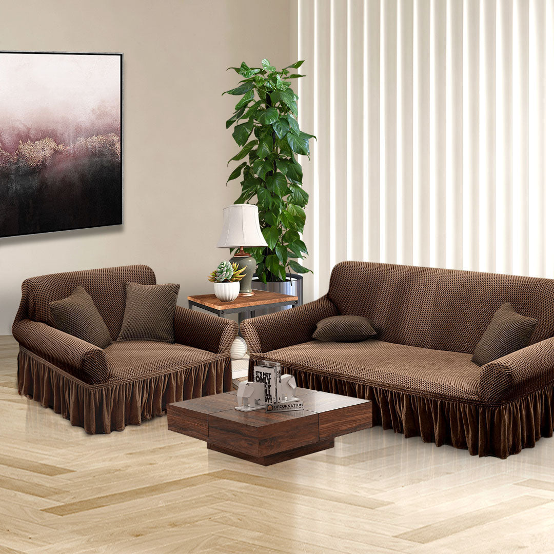 Coffee brown two-seater high stretch sofa cover with ruffled skirt protecting a living room couch — view 4