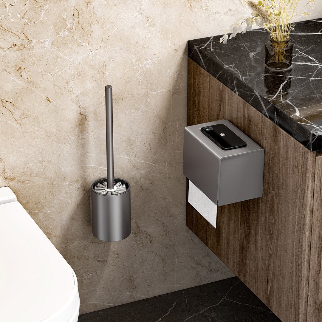 Two dark grey wall-mounted aluminum toilet brushes with ventilated holders and hygienic bristles — view 4