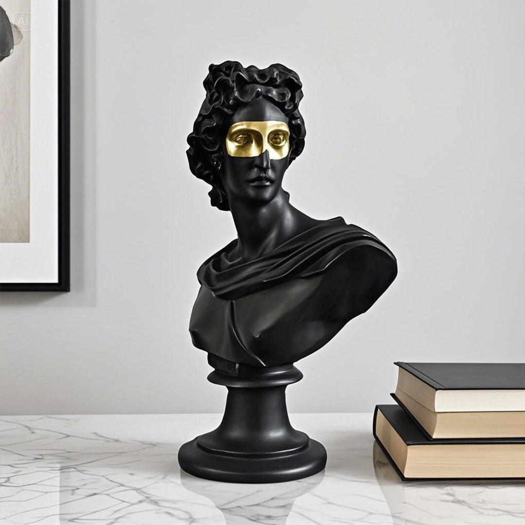 Black resin classical bust sculpture featuring a modern gold eye mask on a marble base. — view 4