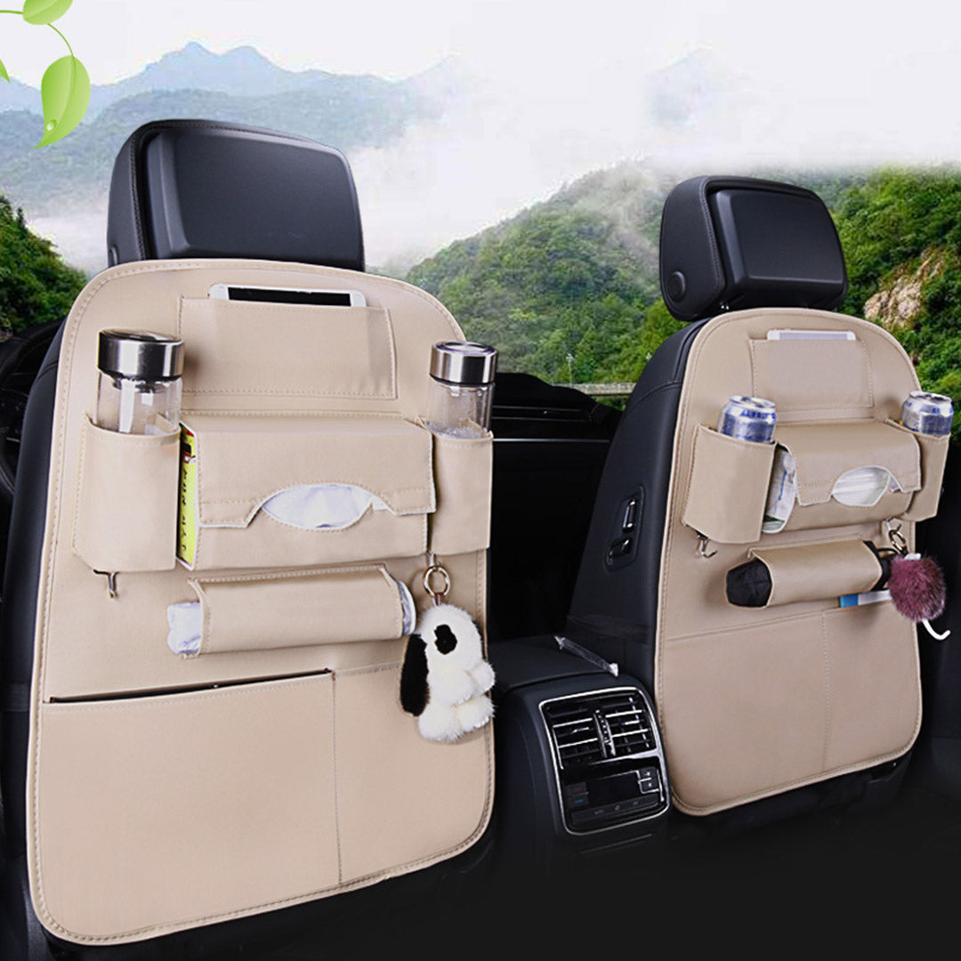 White PVC leather car backseat organizers with multiple storage pockets and tablet holders. — view 4