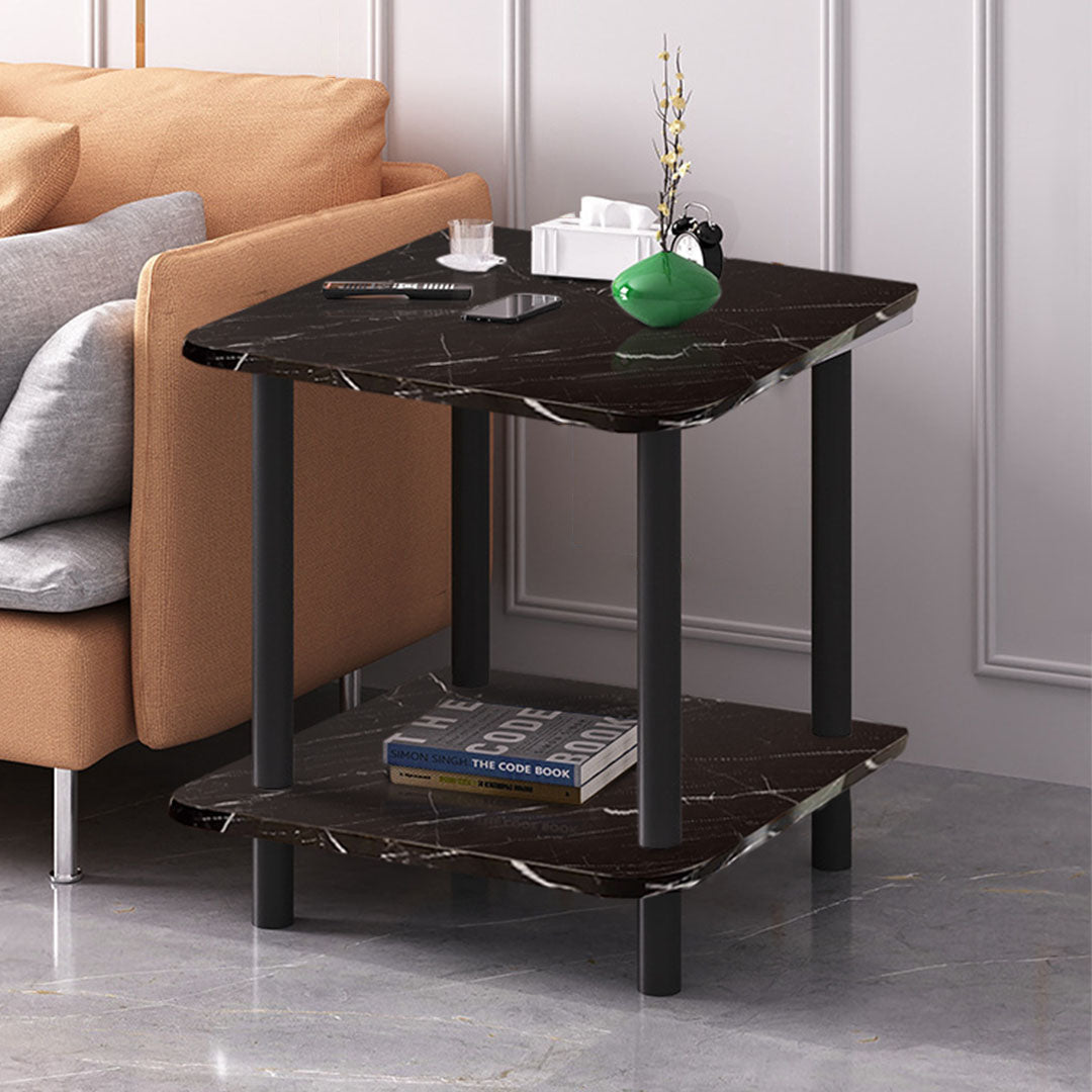 Modern round black side table featuring a stone-patterned surface and solid pine wood legs — view 4