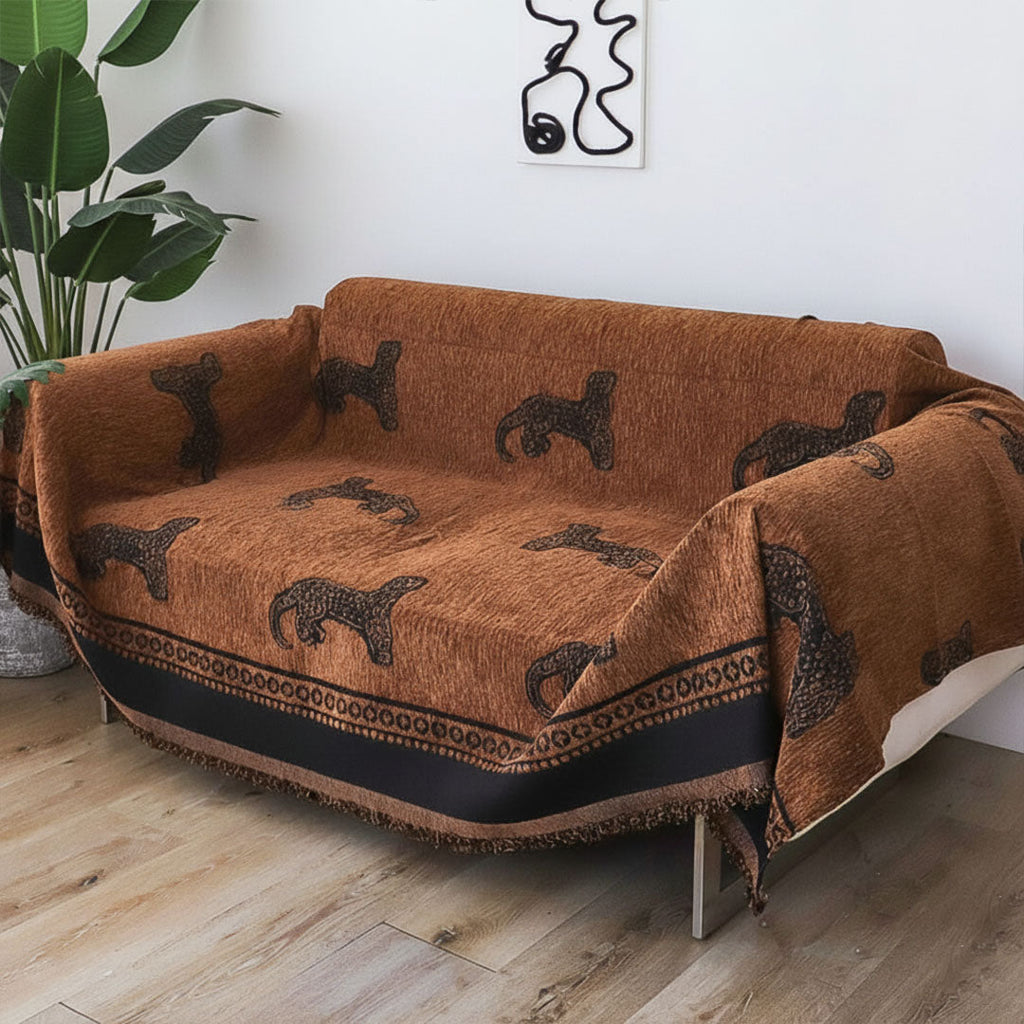 Brown leopard print two seater sofa cover made of polyester protecting a living room couch — view 4