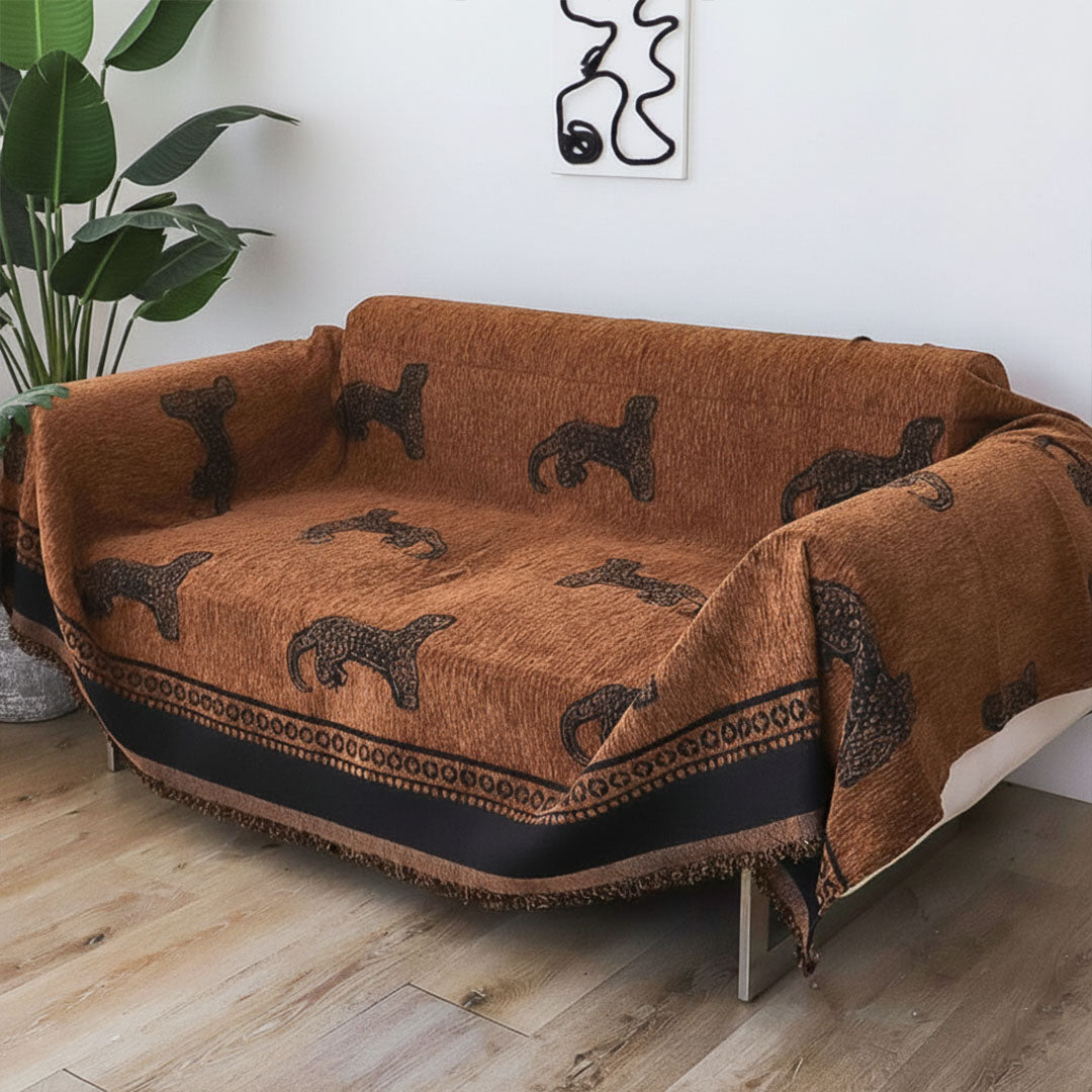 Brown leopard print two seater sofa cover made of polyester protecting a living room couch — view 4