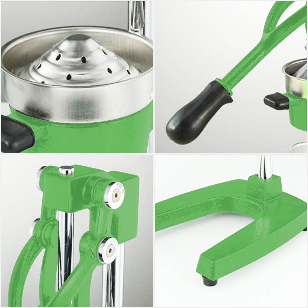 Green solid cast iron manual citrus juicer with food grade stainless steel strainer and heavy handle — view 4