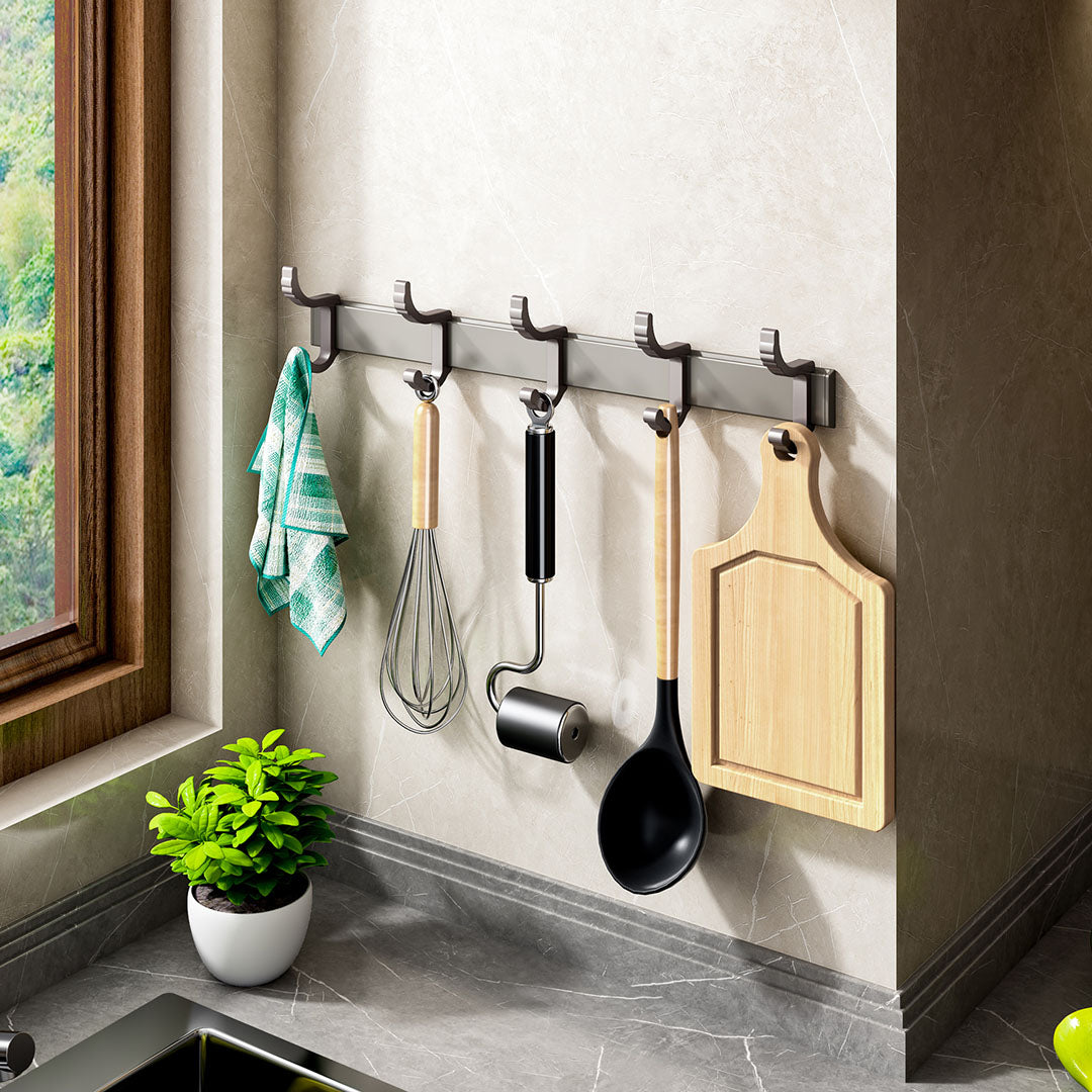 Black wall mounted aluminum towel rack organizer with multiple hooks for bathroom and entryway storage — view 4