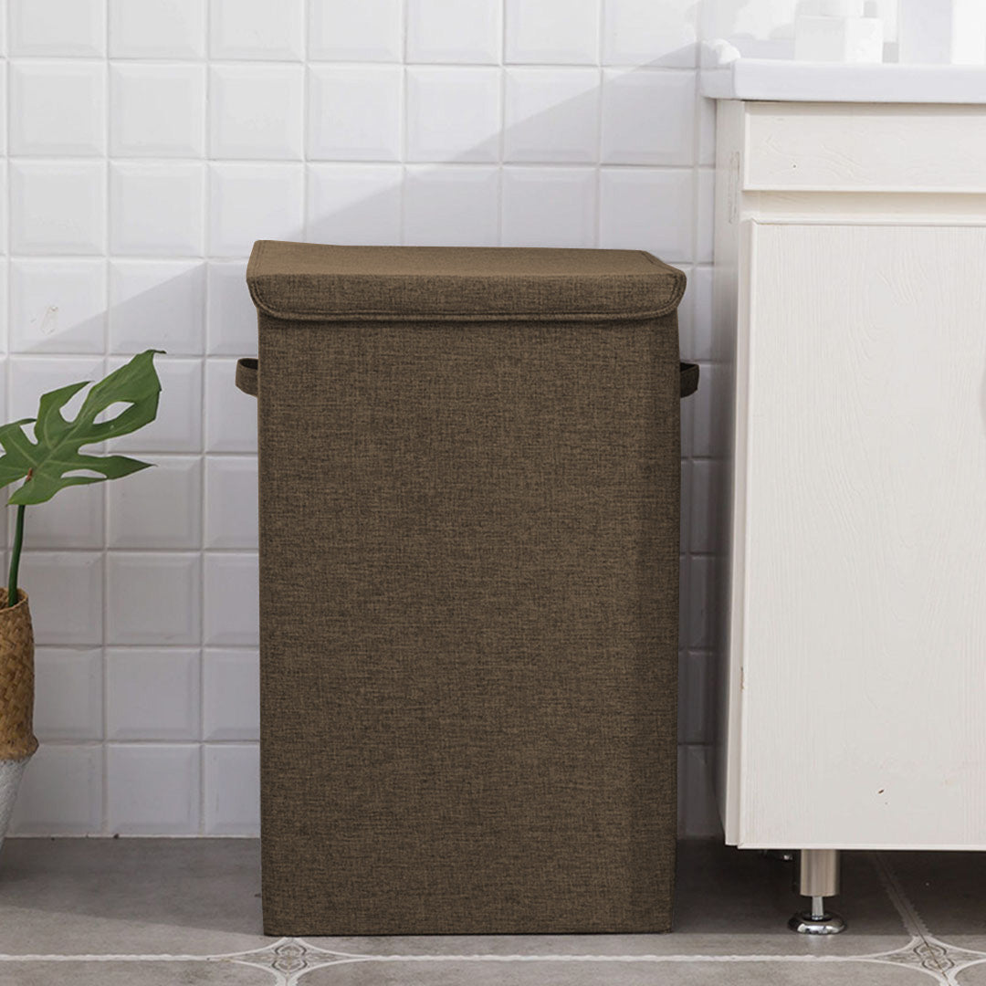 Large coffee brown canvas collapsible laundry hamper with lid and handles for home organization — view 4