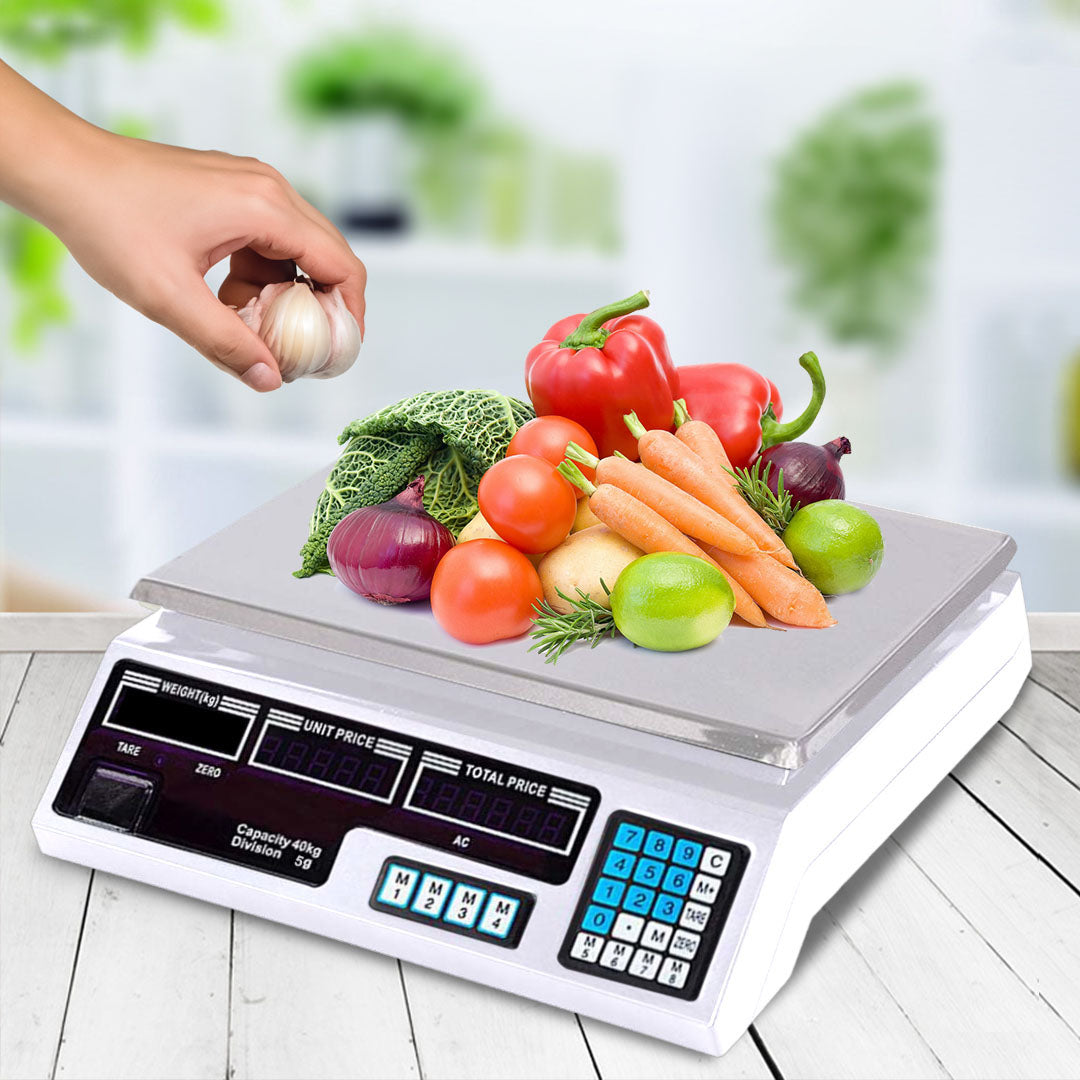 Two white SOGA digital kitchen scales with stainless steel platforms and dual-sided bright LCD displays — view 4