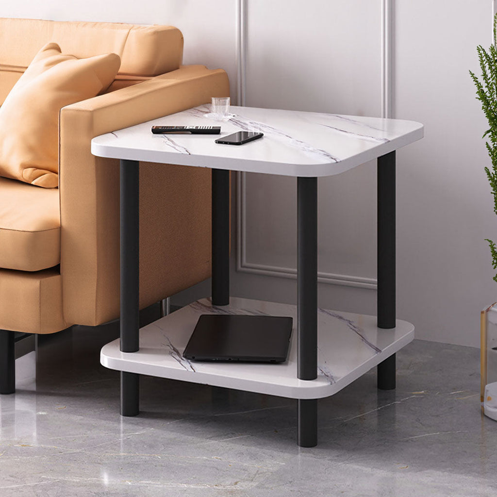 White stone-patterned side table with sleek black pine wood legs for modern living room decor — view 4