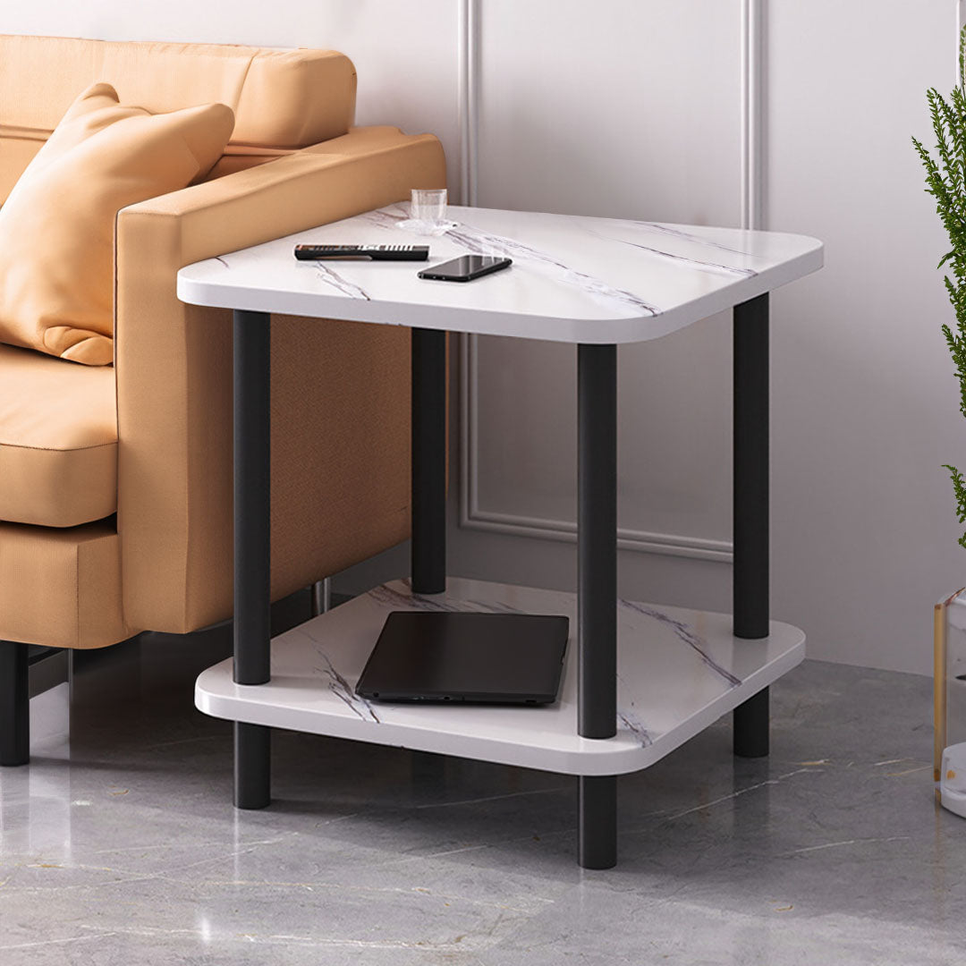 White stone-patterned side table with sleek black pine wood legs for modern living room decor — view 4