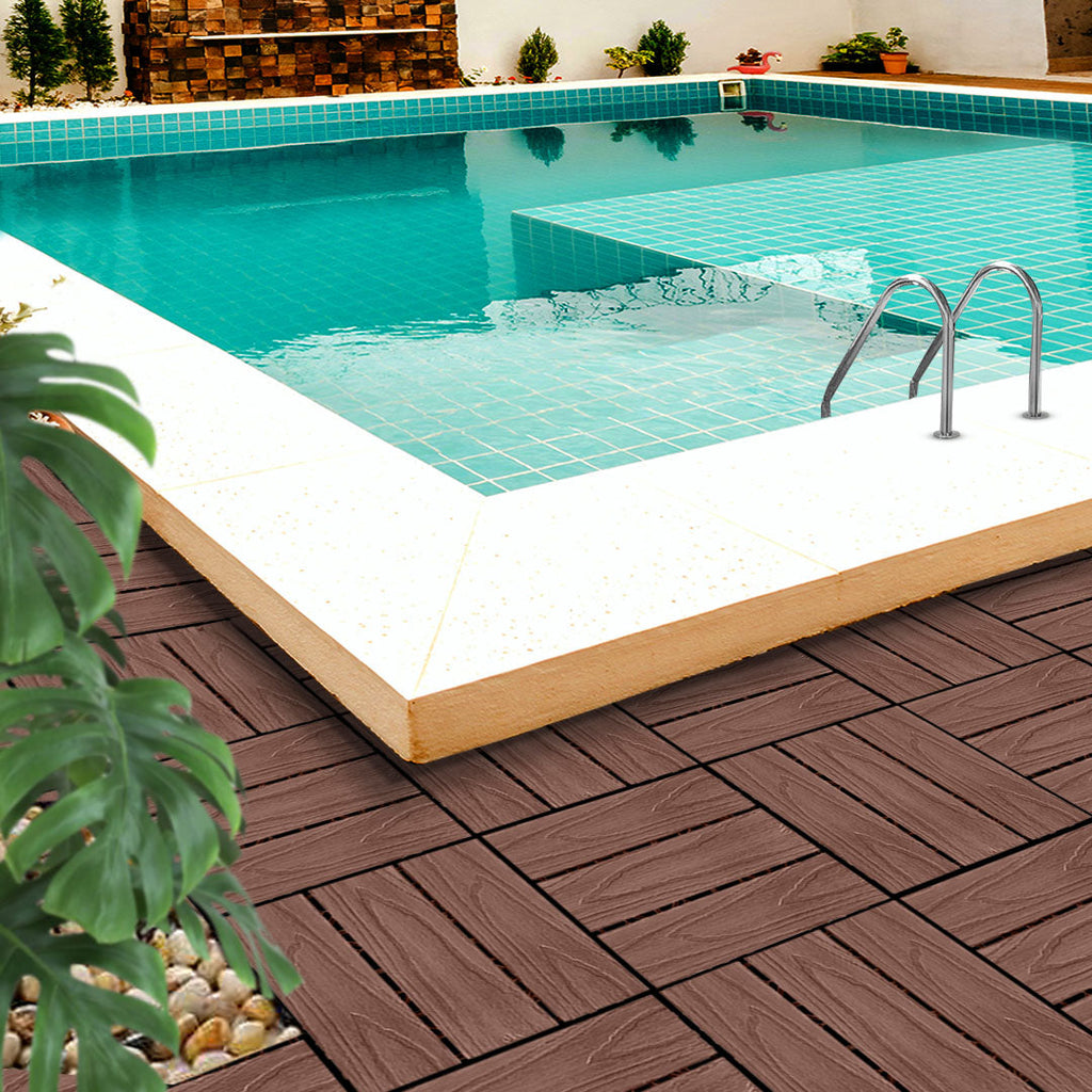 Dark chocolate wood composite interlocking decking tiles arranged for outdoor garden or patio flooring — view 4