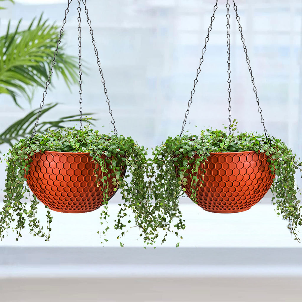 Two vibrant red large hanging resin plant pots with suspension chains and hooks — view 4