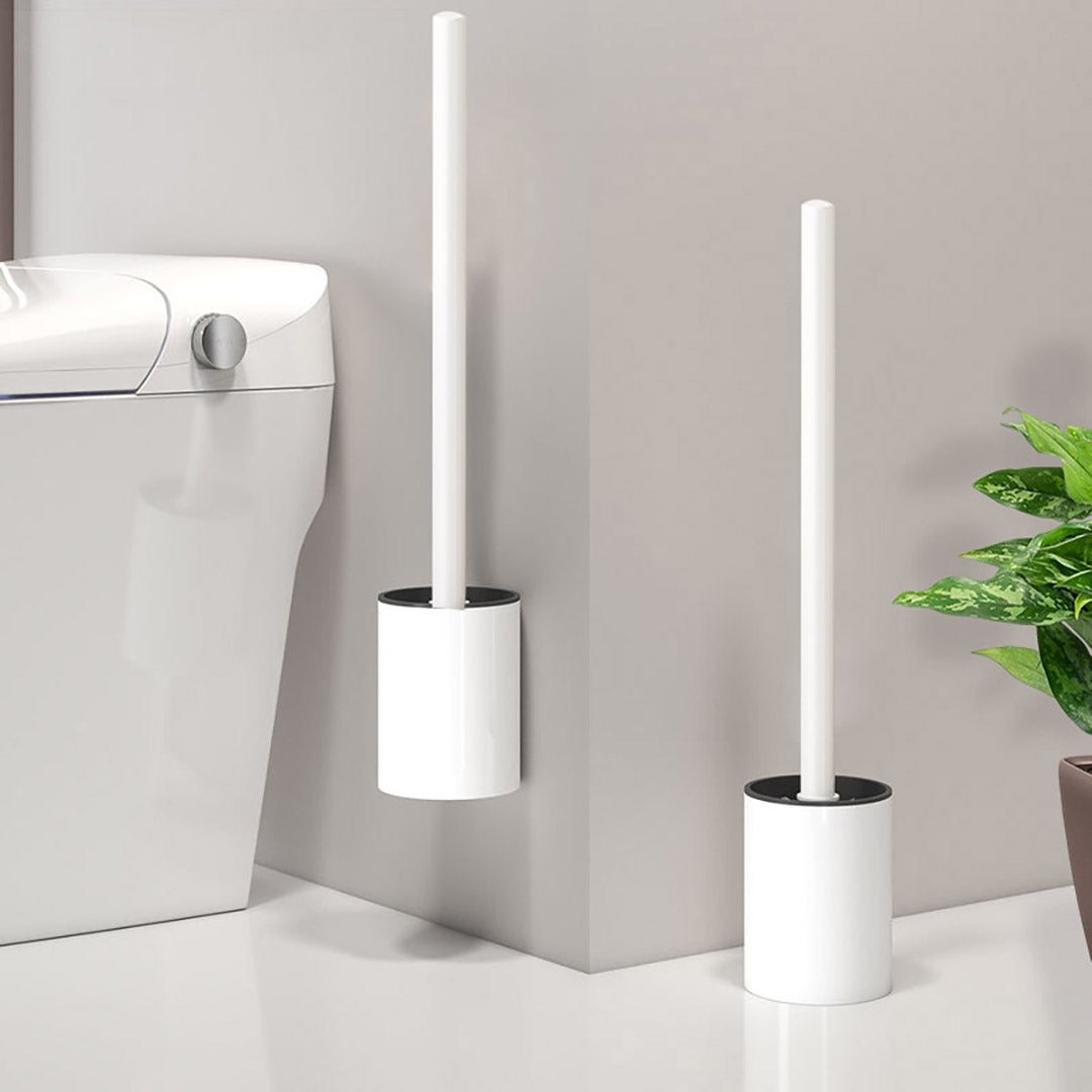White aluminum wall-mounted toilet brush with holder and ergonomic handle for bathroom cleaning — view 4