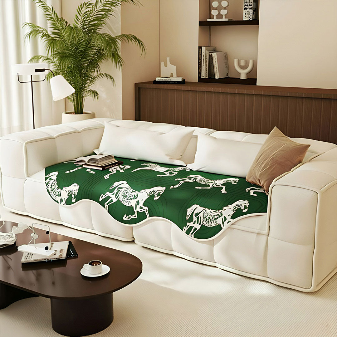 Green horse print three-seater sofa cover and polyester throw blanket draped over a modern couch. — view 4