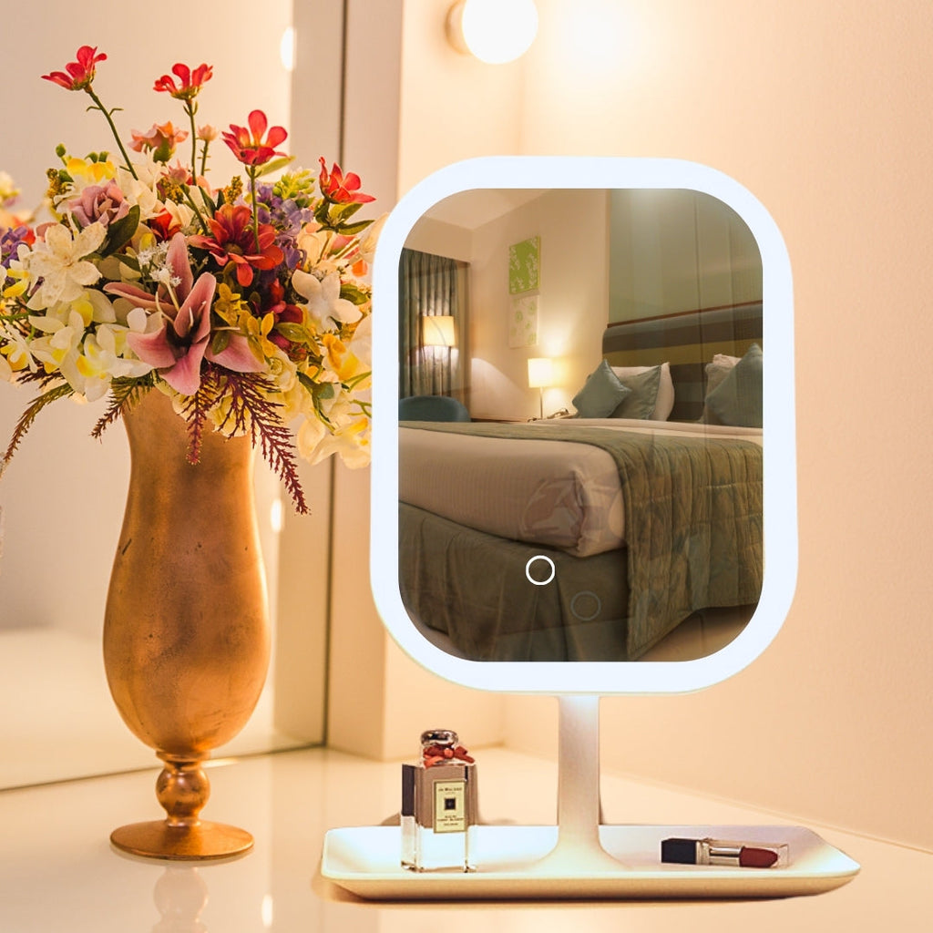 White squared smart LED makeup vanity mirror with adjustable tricolor lights for bedroom dressing tables — view 4