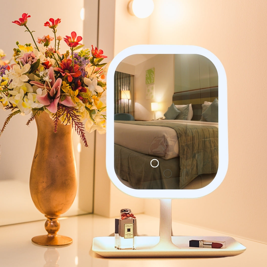 White squared smart LED makeup vanity mirror with adjustable tricolor lights for bedroom dressing tables — view 4