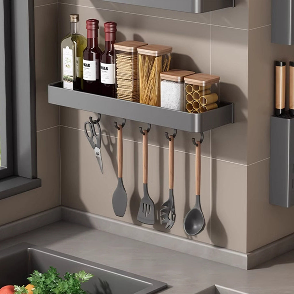 Two black aluminum wall mounted kitchen spice storage racks with hanging hooks for organizing utensils. — view 4