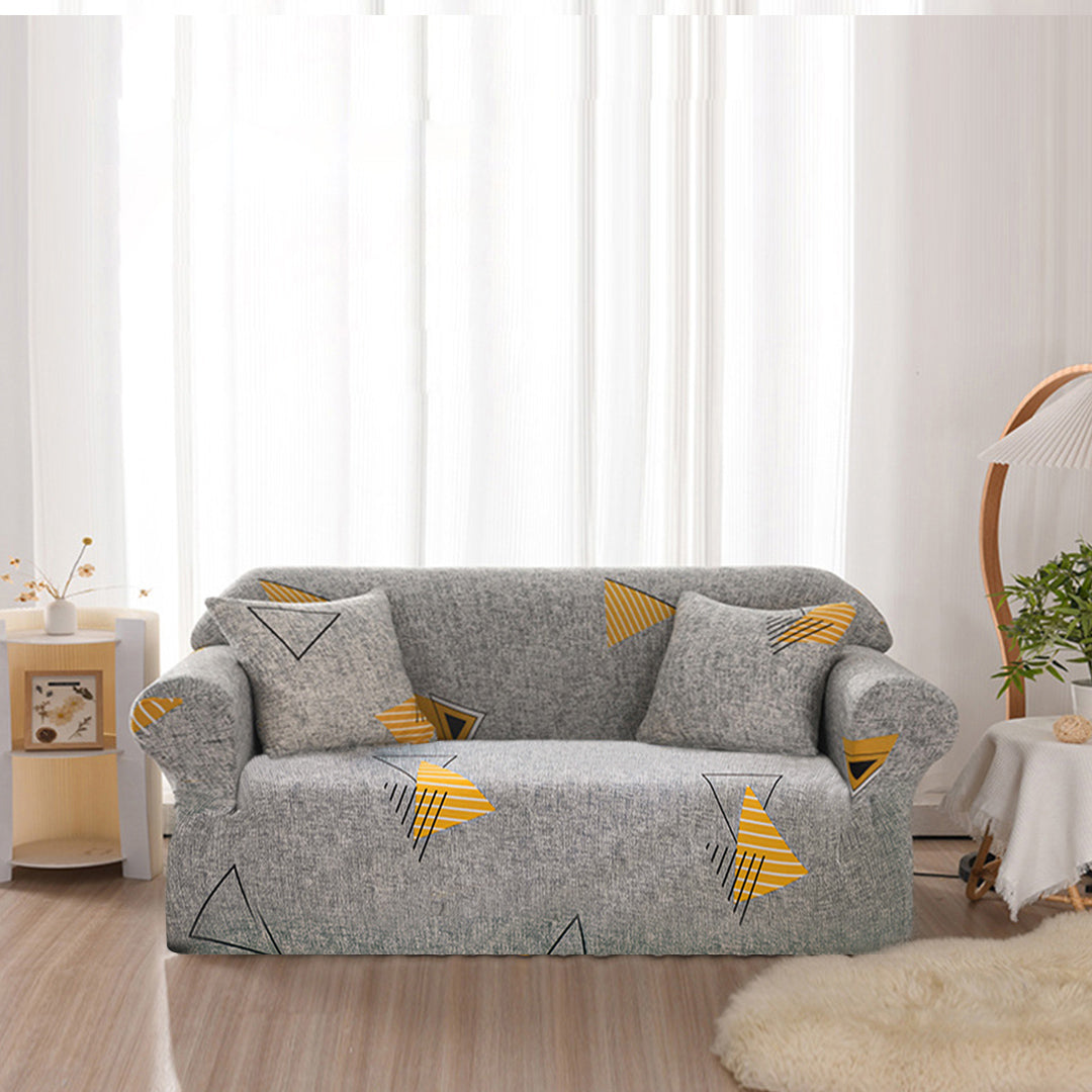 Grey geometric print 4-seater sofa cover stretched securely over a modern living room couch — view 4