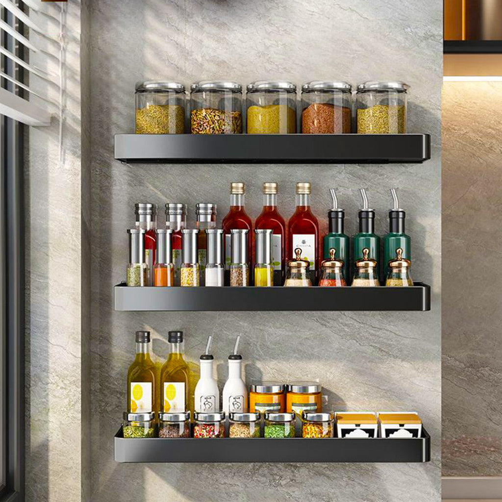 Two black aluminum wall mounted rectangular spice storage racks with installation accessories — view 4