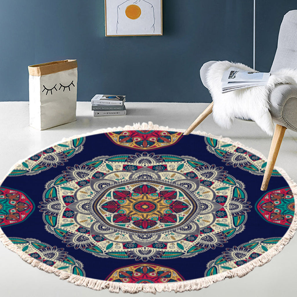 90cm round bohemian area rug featuring a vibrant blue mandala geometric pattern and anti-slip backing — view 4