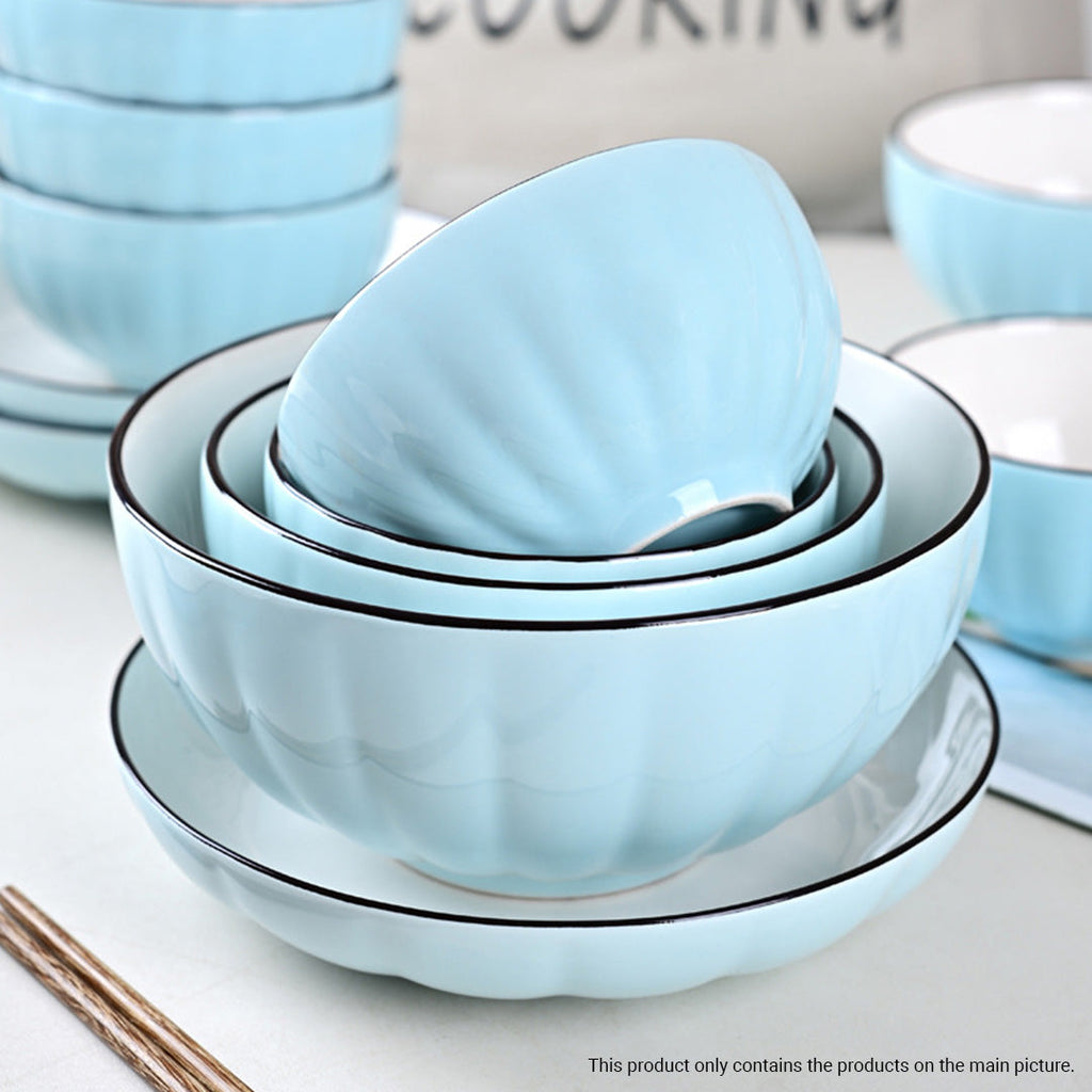 Blue Japanese style ceramic dinnerware set with bowls plates spoons and chopsticks in semi-matte glaze — view 4