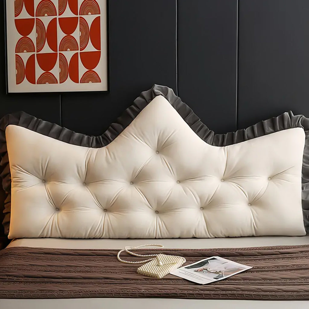 Two cream crown shaped tufted headboard pillows with charcoal ruffled edges for bed or sofa support — view 4