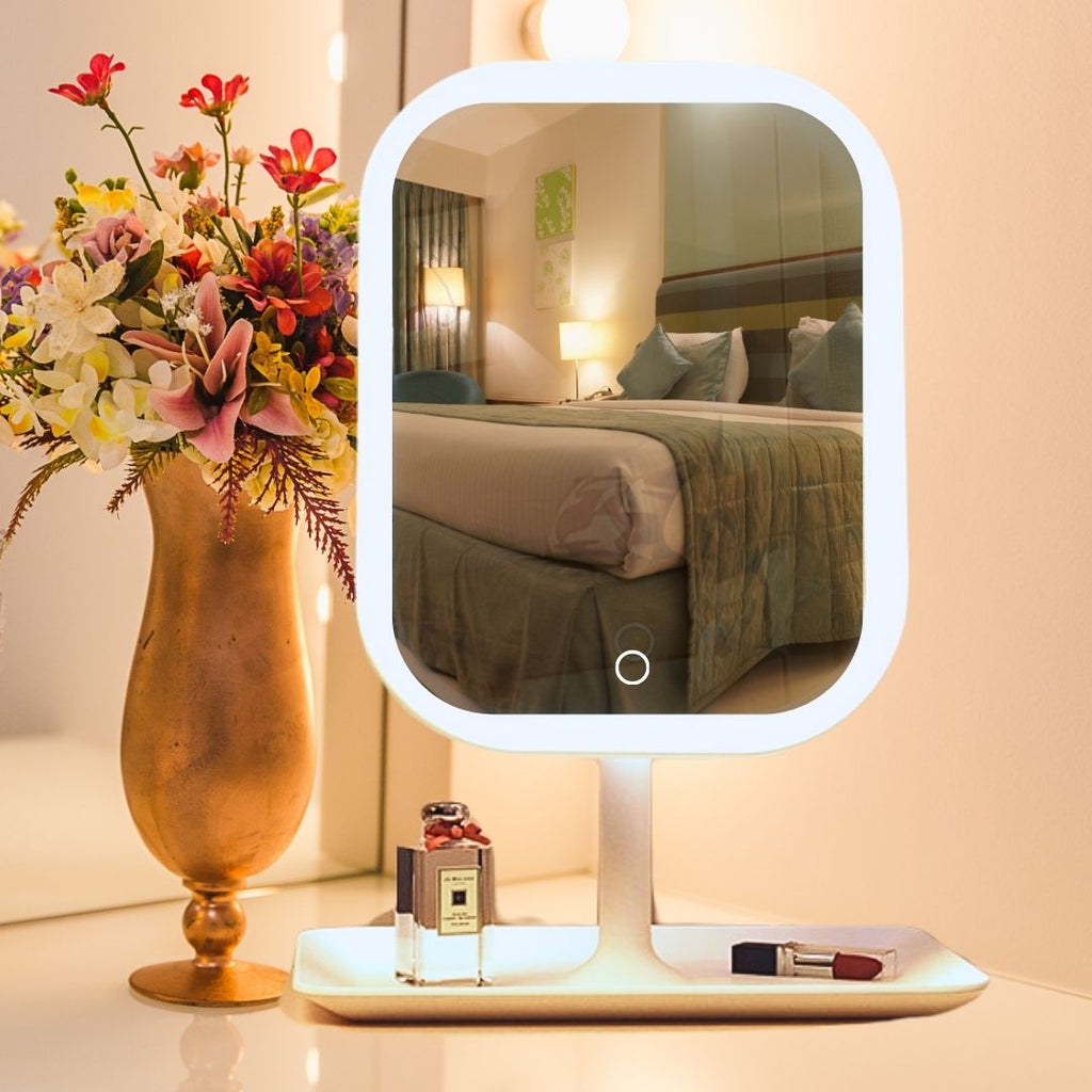 White squared smart LED makeup vanity mirror with adjustable light on a tabletop — view 4