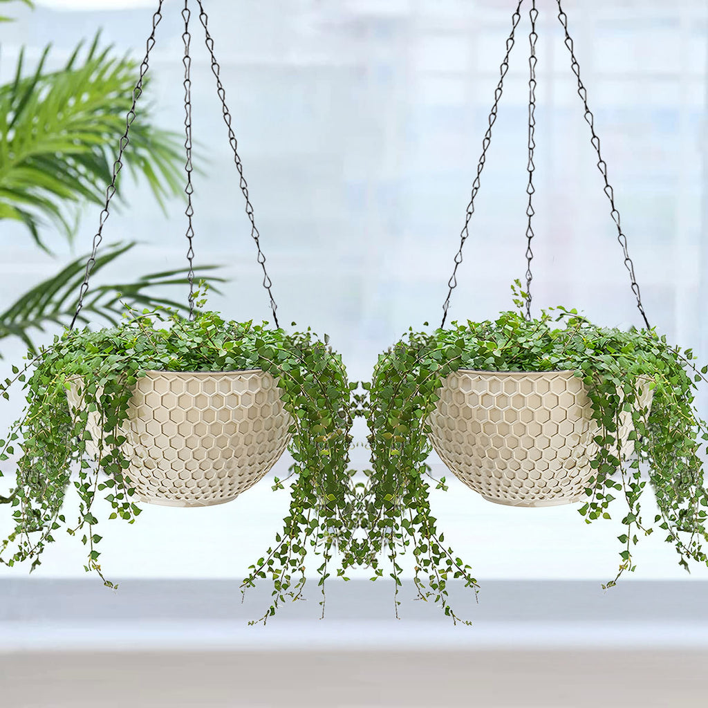 SOGA white large hanging resin flower pot self watering basket planter displaying lush green trailing vines — view 4