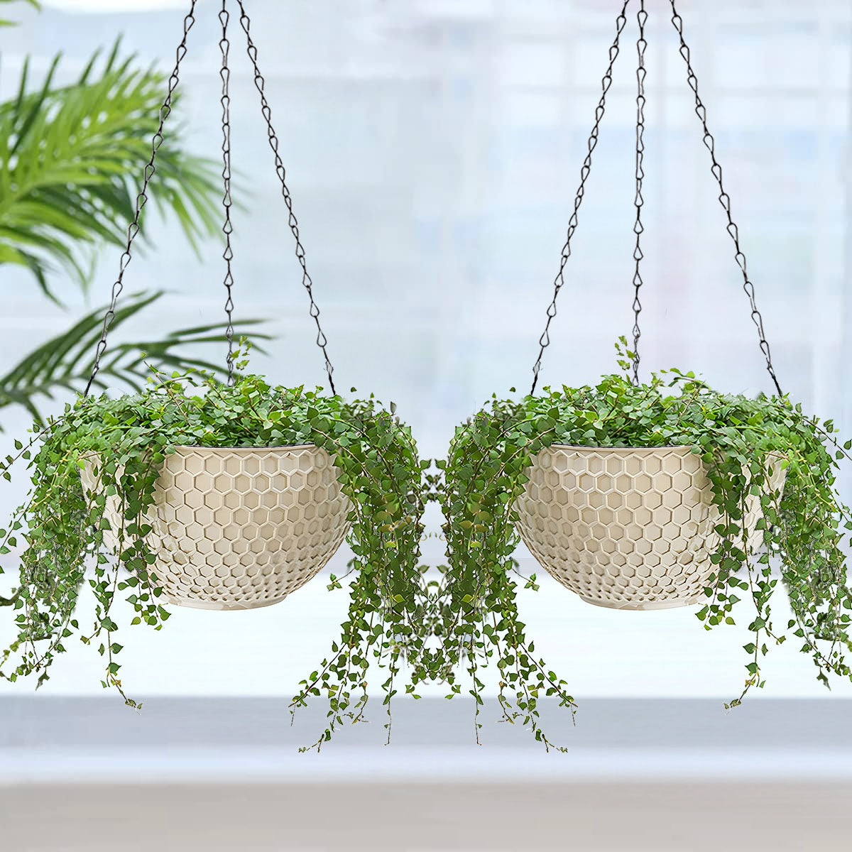 SOGA white large hanging resin flower pot self watering basket planter displaying lush green trailing vines — view 4