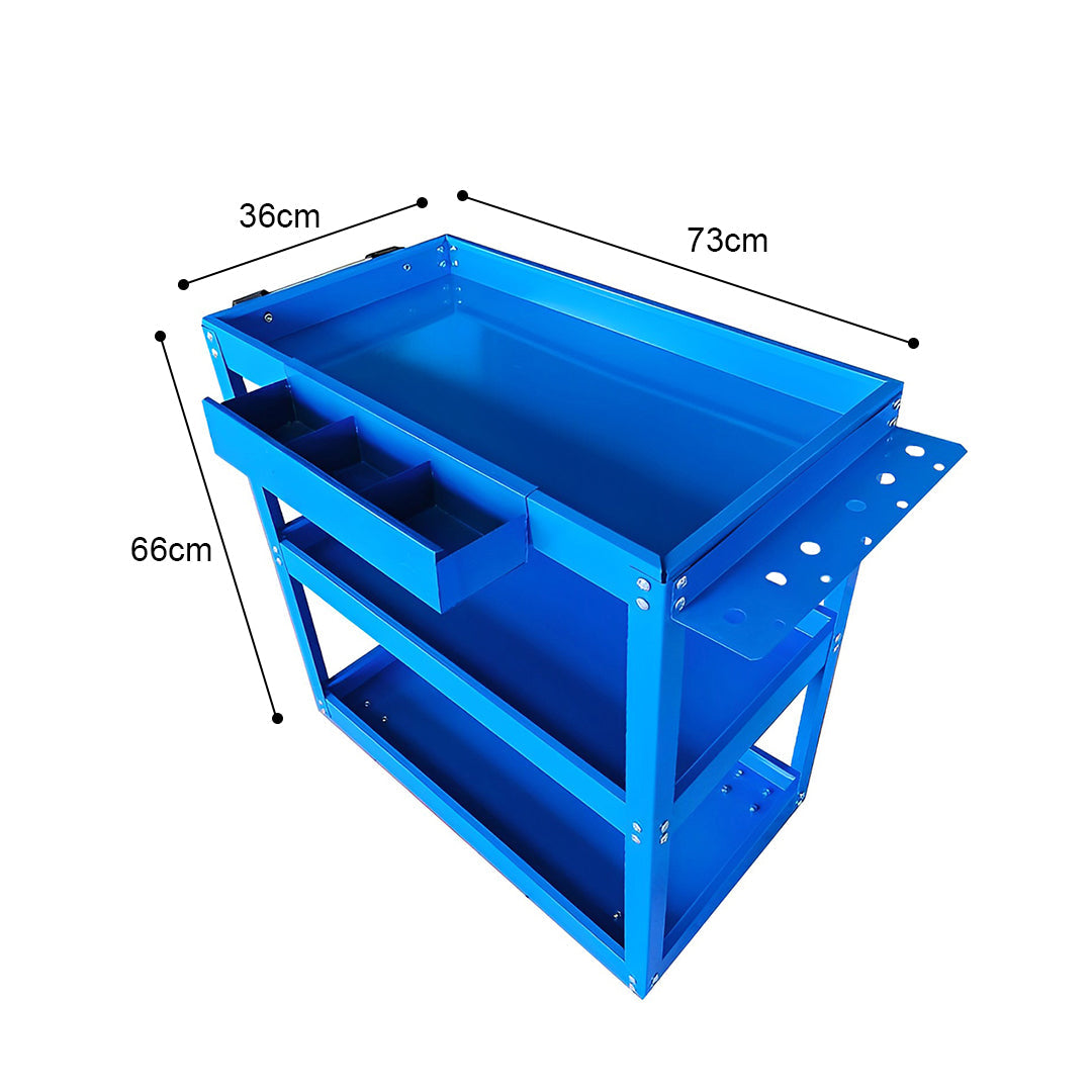 Blue three tier heavy duty steel mobile tool storage cart on wheels — view 4