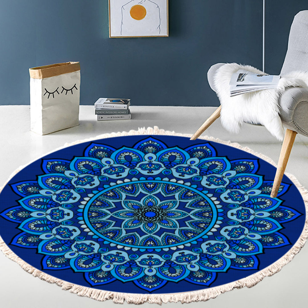 90cm round blue mandala patterned area rug made of soft polyester for home decor — view 4