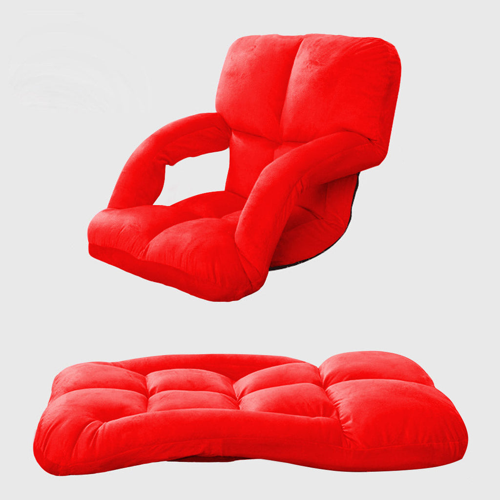Red foldable floor lounge recliner chair with armrests and plush flannel cushion seating — view 4