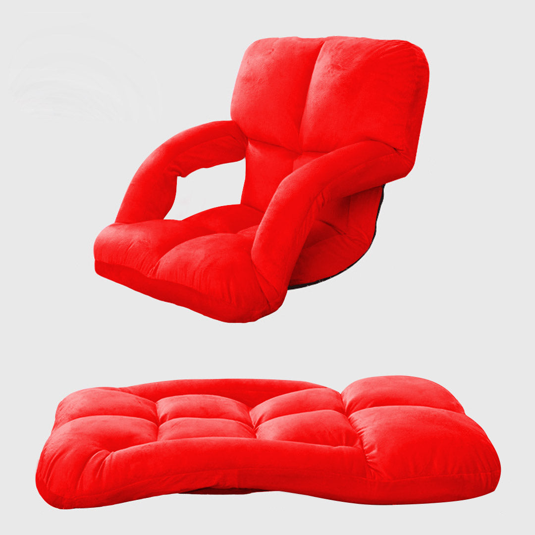 Red foldable floor lounge recliner chair with armrests and plush flannel cushion seating — view 4