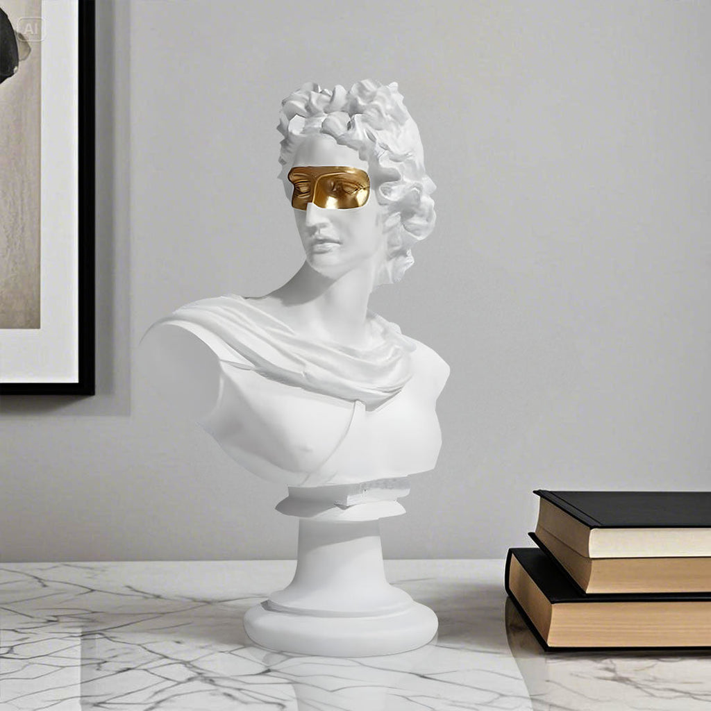 White Greco-Roman resin bust sculpture with modern gold sunglasses standing at 40cm tall — view 4