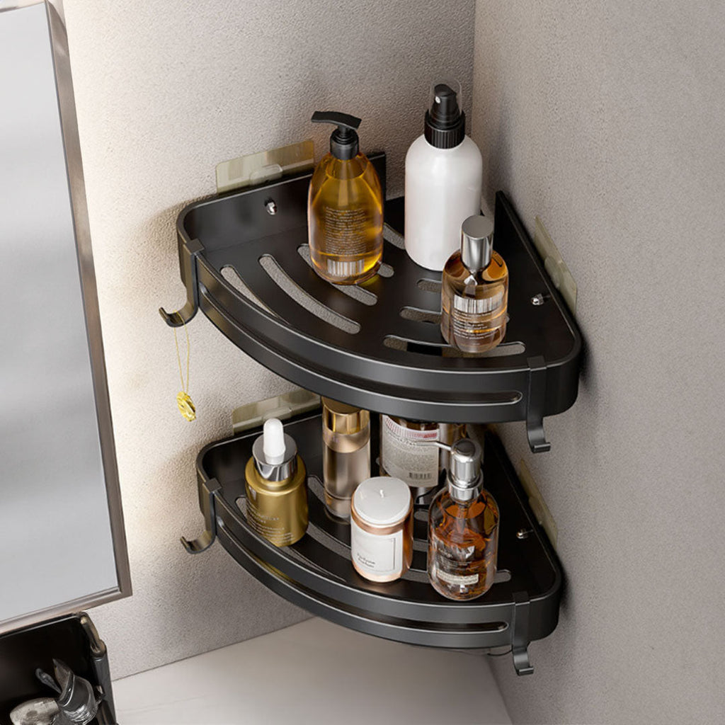 Two piece black aluminum triangular bathroom corner storage rack with hanging hooks and toiletries — view 4