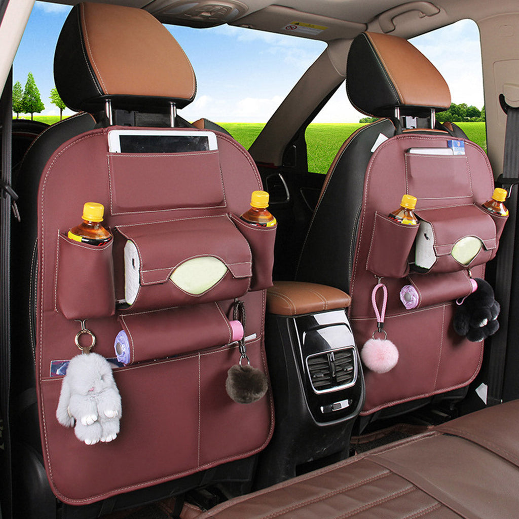 Coffee brown PVC leather car backseat organizer with multiple pockets and iPad mini holder. — view 4