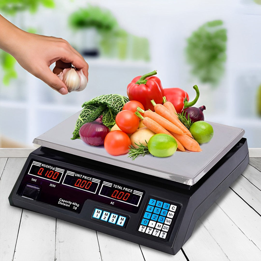 Two SOGA digital kitchen scales in black with stainless steel platforms and double sided LCD displays — view 4