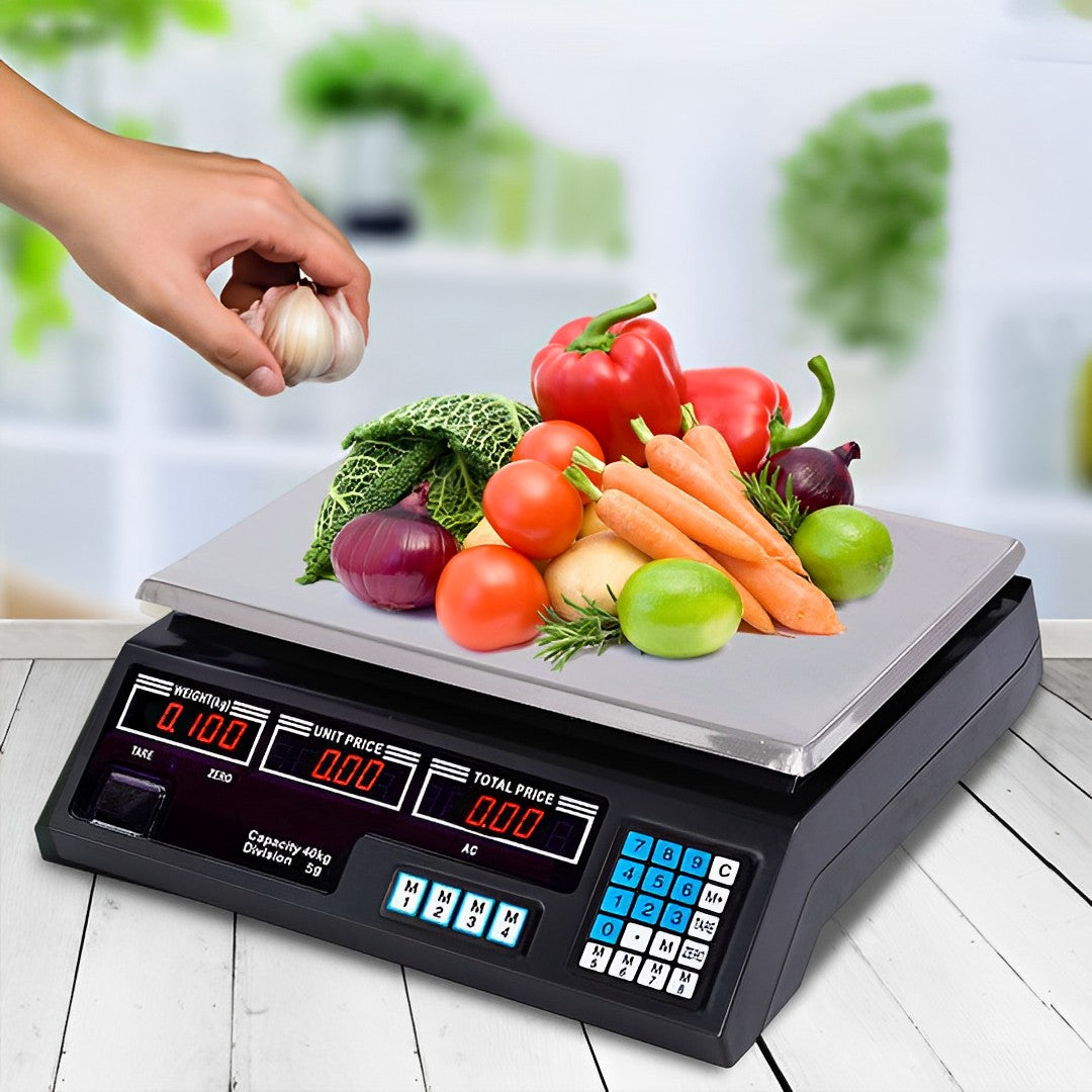Two SOGA digital kitchen scales in black with stainless steel platforms and double sided LCD displays — view 4