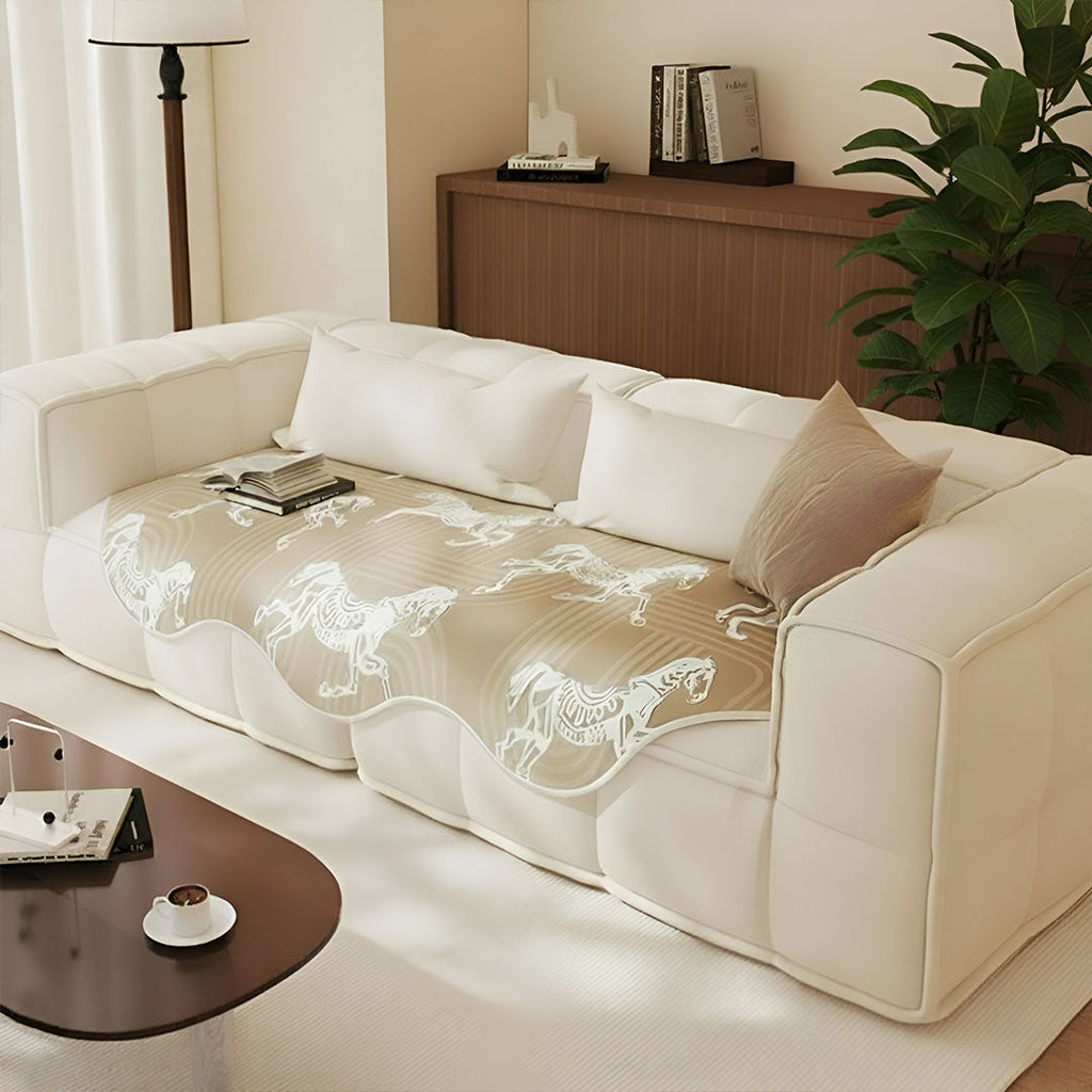 Beige horse print four-seater sofa cover, polyester throw blanket draped elegantly over living room furniture — view 4