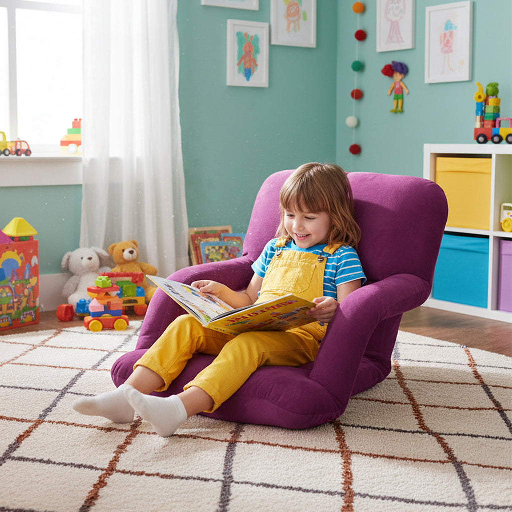 Magenta adjustable foldable floor chair with armrests plush flannel fabric and steel frame — view 4